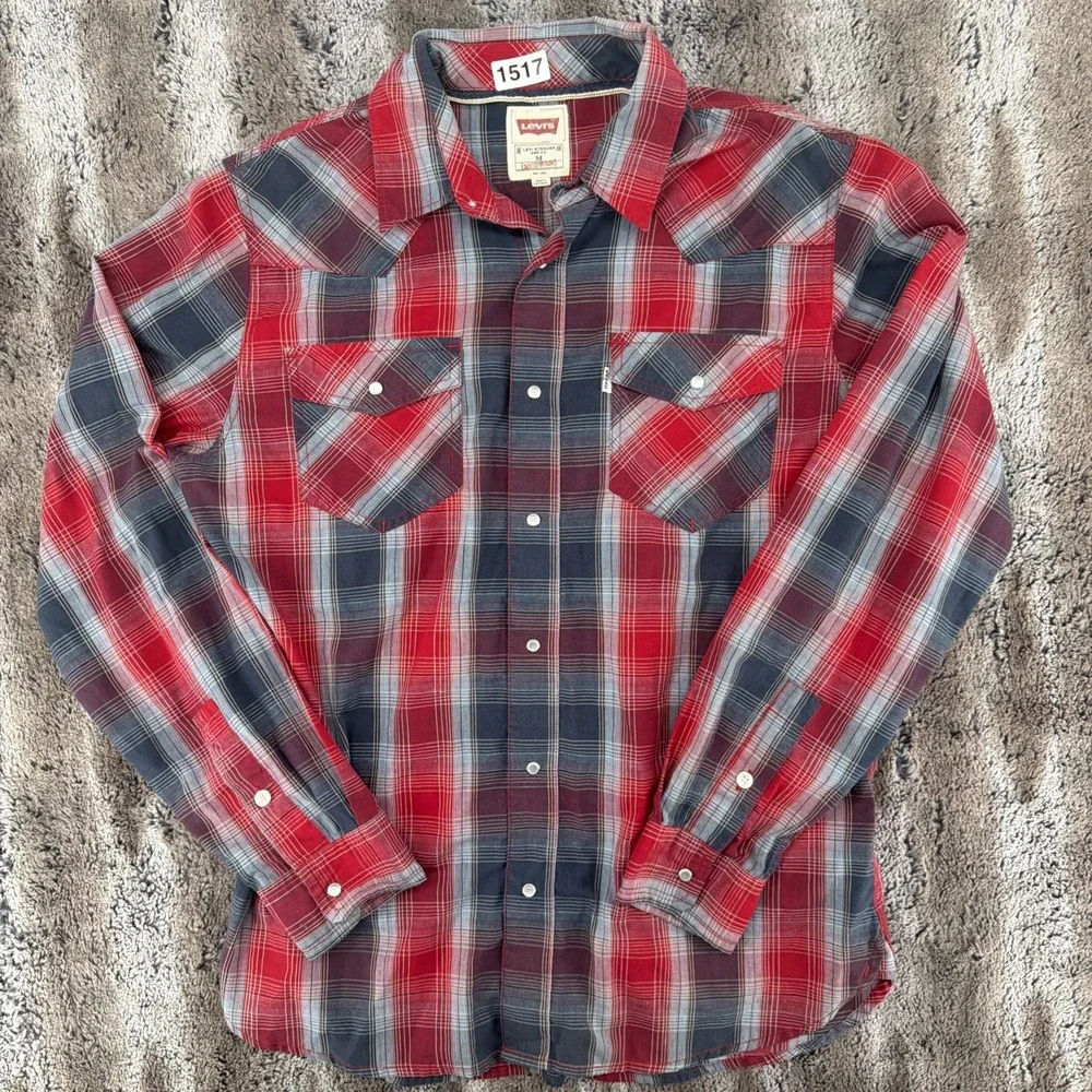 Levis Red Plaid Long Sleeve Pearl Snap Western Button Shirt Mens Medium